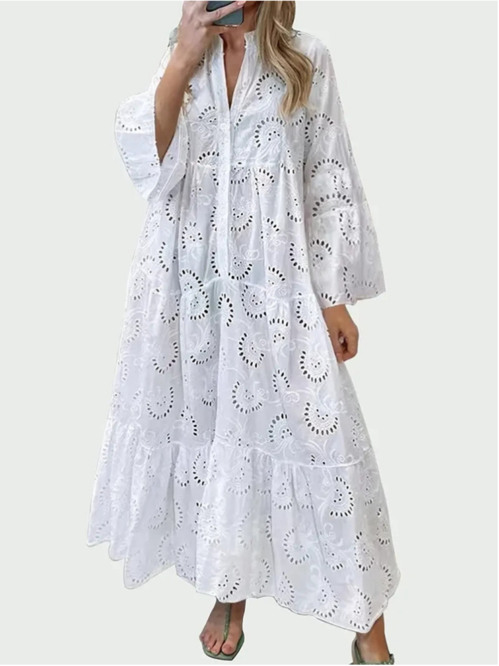Osadía White Eyelet Maxi Dress 4XL US 20 Long Sleeve Boho Beach Caftan New